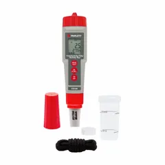 The TRIPLETT CD100 is a pocket-sized multiparameter tester configured for salinity, conductivity, and total dissolved solids (TDS) measurement. It includes a conductivity/TDS/salinity probe, pH 4, 7, and 10 buffers, rinse solution pouches, and four CR2032 batteries. Suitable for field or lab water quality analysis.