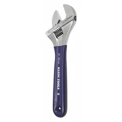 This 8-inch adjustable wrench features a plastic construction with a natural finish, offering a jaw capacity of 1 1/2 inches. It is designed for light-duty gripping and turning of nuts, bolts, and fittings in applications where a non-marring tool is preferred. The wrench is suitable for general maintenance tasks.