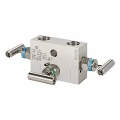 This HAM-LET 3-valve manifold features a stainless steel body with 1/4" FNPT inlet and outlet connections. Rated for a maximum pressure of 8,700 psi, it uses FKM seals for fluid compatibility. Commonly used in industrial instrumentation for isolating, calibrating, or venting pressure instruments in high-pressure fluid control systems.