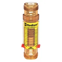 This HEDLAND flowmeter is an inline variable area type for water, featuring a scale display that measures flow in gallons. It offers +/-5% accuracy and universal mounting orientation. Buna-N seals and O-rings are used. Typical applications include monitoring flow in industrial water systems, cooling circuits, and process lines.