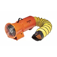 This axial blower and ducting combination unit delivers 890 cfm max flow in free air for ventilating confined spaces such as tanks, vaults, and manholes. It operates on 115 V AC with a 1/3 hp motor and includes a 15 ft duct with 8 in diameter. The unit helps remove fumes, dust, and stale air to improve air quality in work areas