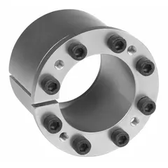 This flanged keyless bushing uses a multi-screw locking assembly to mount components such as pulleys, sprockets, or gears onto a 2-inch shaft without keyways. It has a 2 7/8-inch outer diameter and a 2.472-inch width, providing a secure concentric connection for power transmission equipment.
