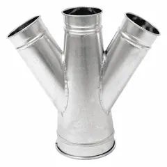 Steel double branch fitting for 7 in duct diameter, with a 30° branch angle and 23 in overall length. Used in industrial ductwork systems to split or combine airflow, commonly applied in dust collection, ventilation, and material handling.