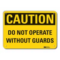 Aluminum caution sign with mounting holes for secure attachment. Engineer Grade retroreflective material provides visibility in low-light conditions. Used to warn personnel not to operate machinery without guards in place