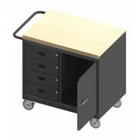 Fully assembled mobile cabinet bench with a butcher block top and drawers. Overall load capacity of 1,200 lb. Includes a side handle for repositioning. Suitable for industrial workshops, garages, and maintenance facilities as a portable workstation for assembly, repair, and light fabrication tasks