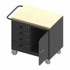 Fully assembled mobile cabinet bench with a butcher block top and drawers. Overall load capacity of 1,200 lb. Includes a side handle for repositioning. Suitable for industrial workshops, garages, and maintenance facilities as a portable workstation for assembly, repair, and light fabrication tasks.