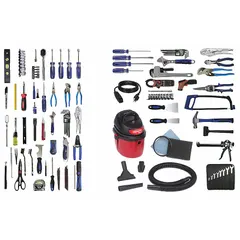 This 130-piece tool set includes Metric and SAE sizes with a 3/8 in socket drive. Contents comprise diagonal-cutting pliers, three Philips screwdrivers, a drive tool, and two adjustable wrenches. Suitable for general maintenance, repair, and assembly tasks.