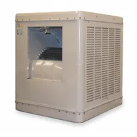 This multiple-inlet ducted evaporative cooler is designed for residential use in dry climates. It measures 34 1/2 in x 34 1/8 in x 34 1/8 in, operates on 115V AC, and includes a drive package that requires assembly. The unit uses 2 in thick pads for evaporative cooling