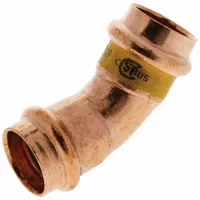 This 45° elbow fitting is made of copper or bronze and is designed for use in gas copper and bronze press tube systems. It connects 1 in CTS copper tubing at a 45-degree angle, allowing for directional changes in piping runs. The fitting has a size of 1 in CTS x 1 in CTS x 1 in CTS x 1 in Pipe