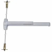 This concealed vertical rod push bar exit device is constructed with a gray aluminum finish and features a Touchbar style bar with lever outside trim. It is designed for use on commercial doors requiring concealed vertical rod latching. This model is not ADA compliant and is not ligature-resistant