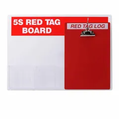 Red/white acrylic 5S Red Tag Board with preprinted English text. Includes a 5S Red Tag Clipboard. Used in 5S workplace organization to identify and track items in a red-tag area during audits.