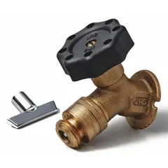 Brass sillcock with rough brass finish and plastic handwheel handle. Features No Kink design to reduce hose bending. NPT inlet connection. 4-inch overall height. Used for outdoor water supply, connecting garden hoses in light commercial or residential settings.