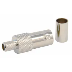 Female BNC coaxial connector with silver finish. Crimp-on 3-piece design. Suitable for terminating coaxial cables in video, data, and telecommunications systems. Pack of 10.