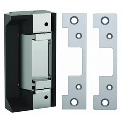 This cylindrical electric strike is constructed of stainless steel and measures 4 7/8 inches in height. It operates on 12/24V AC/DC input voltage and is rated for heavy-duty performance. Used in access control systems to release a door latch upon receiving an electric signal, suitable for commercial or industrial doors requiring secure remote unlocking.