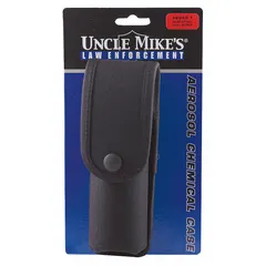 Black nylon case designed to carry and secure pepper spray canisters. Provides quick access to aerosol defense sprays for security, law enforcement, or outdoor use.