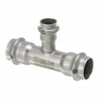 This stainless steel press tee fitting branches a 3/4 in CTS line into two 3/4 in CTS and one 1/2 in CTS line. It features a rubber seal for leak-free connections in potable water and HVAC systems. Suitable for use with Viega ProPress systems