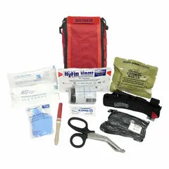 Bleeding control kit for one person, containing 11 components stored in 3 pockets. Includes a 4-inch Emergency Trauma Dressing. Housing is made of nylon. Suitable for use in vehicles or as a compact first aid response kit.