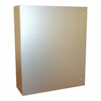 This 304 stainless steel enclosure measures 36 x 30 x 10 inches and is rated NEMA 12/13/3R/4/4X. It features a hinged door with a 1/4-turn latch closure. Knockouts are not included. Suitable for protecting electrical controls and instruments in indoor or outdoor environments where resistance to dust, water, and corrosion is required