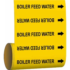 Yellow adhesive pipe marker with black legend reading 'Boiler Feed Water', supplied on a roll of 30 markers. Designed for pipe outer diameters of 2 inches and smaller, each marker includes directional arrows for flow indication. Used to identify boiler feed water lines in industrial piping systems.