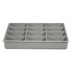 This gray insert for small compartmented boxes provides 12 fixed compartments, each measuring 4-7/32 in x 2-3/16 in. It is designed to fit DURHAM MFG model 226-95 and is used for organizing small parts such as hardware, electronics components, or workshop supplies.