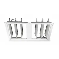 This single-panel backdraft damper is designed for horizontal mounting in ceiling or roof applications to prevent reverse airflow. It measures 30 3/4 inches in height and 29 3/4 inches in width, with a maximum air velocity of 1500 fpm. The damper includes felt seals and is suitable for use in horizontal HVAC systems where one-way airflow is required