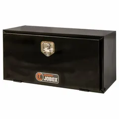 This single drop-down door box from CRESCENT JOBOX features a gloss black finish, a keyed lock, and a rotating T-handle latch. Designed for underbody truck mounting, it provides secure, weather-resistant storage for tools and equipment.