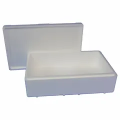 This 2-pack of insulated shipping containers features a white corrugated cardboard outer box with a 0.75 in thick Styrofoam insert. Each unit measures 20 1/2 in x 12 1/2 in x 5 1/8 in. Used for protecting temperature-sensitive items during transit, providing thermal insulation and physical cushioning.
