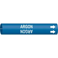 Pipe marker for identifying argon lines. Blue background with white legend text. Fits pipe outer diameter from 3/4 to 1-3/8 inches. Includes directional arrows for flow indication. Snap-on design for secure attachment.
