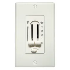 This decorative ceiling fan speed and light control from HUNTER features a dual slide switch style in a white finish with ivory color. Made of plastic, it measures 2 3/4 inches in length. Designed for use with Hunter residential ceiling fans, it allows adjustment of fan speed and lighting.