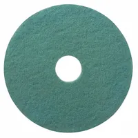 Round burnishing pad with 15-inch diameter, constructed from nylon/polyester synthetic fiber. Rated for maximum speed of 3,000 RPM. Sold in a pack of 5. Used with high-speed floor machines for restoring gloss on hard surfaces in commercial and industrial settings