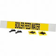 Yellow fiberglass carrier-mounted pipe marker with black legend reading 'Boiler Feed Water' and directional arrows. Designed for pipes with outside diameter of 8 inches and larger. Includes strapping for installation. Suitable for identifying boiler feed water lines in industrial piping systems.