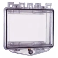 Clear polycarbonate wall fixture guard for protecting Automated External Defibrillators (AEDs) in outdoor locations. NEMA 3R rated, water resistant, flush mount design. Includes mounting hardware. Overall depth 5 15/16 in, width 2 3/8 in. No alarm