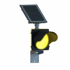 Solar-powered LED flashing sign beacon with amber light, 60 flashes per minute. Yellow polycarbonate housing includes solar cabinet. Used for traffic warning and guidance in work zones, intersections, and pedestrian crossings.