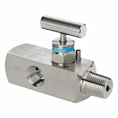 This HAM-LET 1-valve manifold features a stainless steel body with PTFE internals. It has a 1/2" male NPT inlet and a 1/2" female NPT outlet, rated for 6000 psi. Used in industrial fluid systems for isolation or control applications.