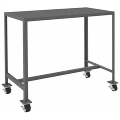 This steel-top mobile worktable from DURHAM MFG features a 48 x 24 in powder-coated steel top and a welded-only powder-coated frame. It is fully assembled with a fixed height and four swivel locking casters with phenolic wheels. The unit has a 2000 lb overall load capacity and is not expandable or modular. Typical applications include industrial workshops, assembly lines, and warehouses for heavy-duty workstations and material handling tasks.