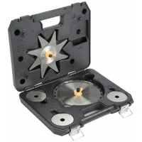 Stacked dado set with 8 in diameter, 24 teeth, and 0° hook angle. Includes 6 chippers for a maximum cut width of 15/16 in. Used for cutting grooves and dados in woodworking, such as joinery and shelving, on table saws or radial arm saws