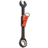 This 9/16 in SAE spline ratcheting combination wrench features a black chrome finish and offset design. The tether-ready configuration allows attachment of a lanyard for tool retention in elevated or confined workspaces. Suitable for maintenance, assembly, and repair tasks requiring secure tool control