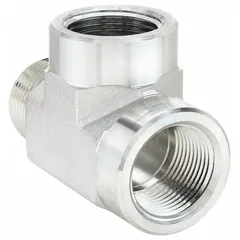 Steel hydraulic hose adapter configured as a rigid tee with 3/4 in NPTF connections on all ports. Female x Female x Male gender allows splitting or combining fluid flow in hydraulic systems. Suitable for use in industrial machinery, mobile equipment, and plant piping where leak-resistant joints are required.