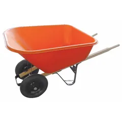 This wheelbarrow features a polyethylene tray with 8 cu ft max volume capacity and 286 lb max load capacity. It includes a steel frame, hardwood handles, and a pneumatic tire. Suitable for transporting bulk materials such as soil, gravel, or debris.