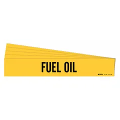 Yellow adhesive pipe marker with black 'Fuel Oil' legend, designed for pipes with an outside diameter of 8 inches and larger. Each pack contains 5 markers without directional arrows. Used for identifying fuel oil piping in industrial facilities.