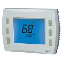 Standard thermostat for heat and cool applications with push-button control. Supports 3H/2C conventional or 4H/2C heat pump staging, automatic and manual changeover, and 7-day programming. Temperature range 50° to 90°F. Horizontal mounting, rectangular shape. Terminal W2 (AUX).
