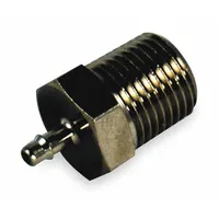 Nickel-plated brass barbed tube fitting with Barbed x UNF connection. Overall length 11/16 in. Used to connect flexible tubing to UNF threaded ports in pneumatic systems, air lines, and instrumentation