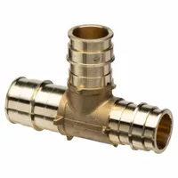 Brass expansion barbed tee with 1 1/2 in ID main inlet and two 1 1/4 in ID outlets. Barbed x barbed x barbed connections for PEX expansion systems. Used to branch tubing in plumbing applications