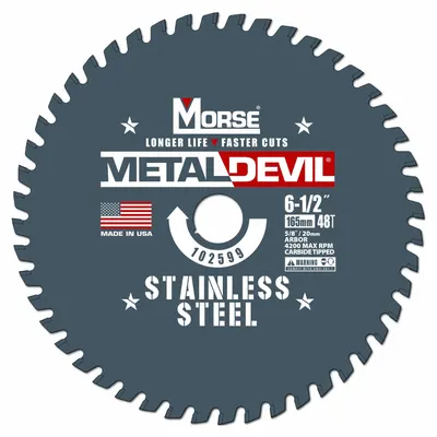 MORSE Circular Saw Blade: 6 1/2 in Blade Dia., 48 Teeth, 0.08 in Cut Wd, 5/8 in Arbor Size - Stainless Steel-Cutting Blades