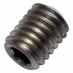 Metric cup point set screw with M8x1.25 thread, 10 mm overall length, made of titanium with plain finish and socket drive. Supplied in a small pack. Used to secure components onto shafts, providing a firm grip in applications requiring corrosion resistance and light weight.
