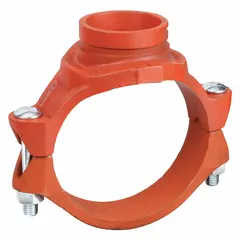 This outlet pipe clamp is a ductile iron fitting with an EPDM seal, designed for a 6-inch main line with two 3-inch outlets. Rated for 300 psi at 150°F, it is used in piping systems to create branch connections for water or certain chemical services.