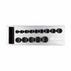 This 14-piece socket set includes 6-point SAE impact sockets. Sockets are used with impact wrenches for fastening and loosening bolts and nuts in automotive, construction, and industrial maintenance tasks.