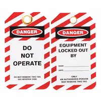 This plastic lockout tag features a 'Danger Do Not Operate' message and a write-on surface for recording date and name. It is used in lockout/tagout procedures to clearly indicate equipment under maintenance and prevent accidental operation