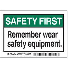 Polyester adhesive sign, 3 1/2 in x 5 in, 0.01 in thick. Not retroreflective, not glow-in-the-dark, no anti-slip surface. Used to remind personnel to wear safety equipment in industrial workplaces, mounted on machinery, walls, or doors.