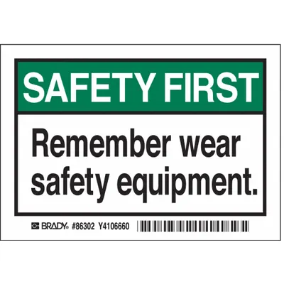 BRADY Safety First: Remember Wear Safety Equipment. Signs, 5 PK